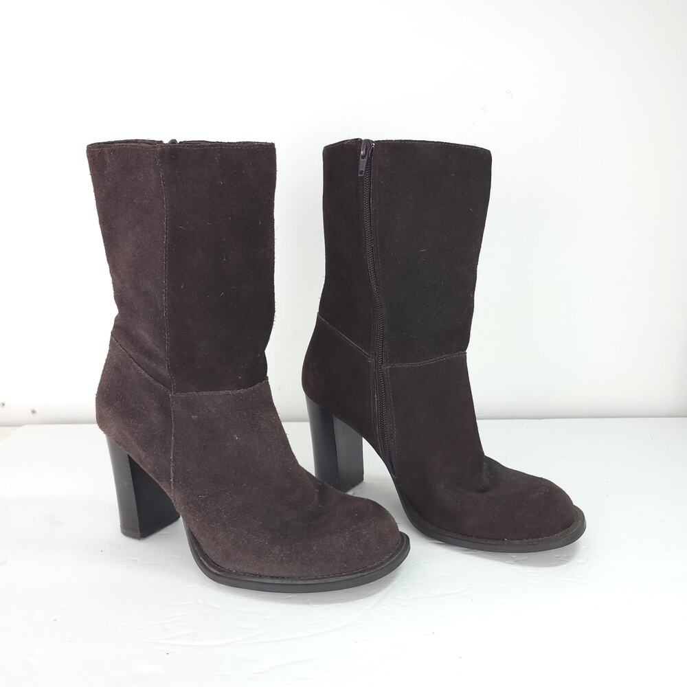 Mossimo Brown Suede Leather Boot Mid Calf Block Heel Zip Closure Size 8 Women's